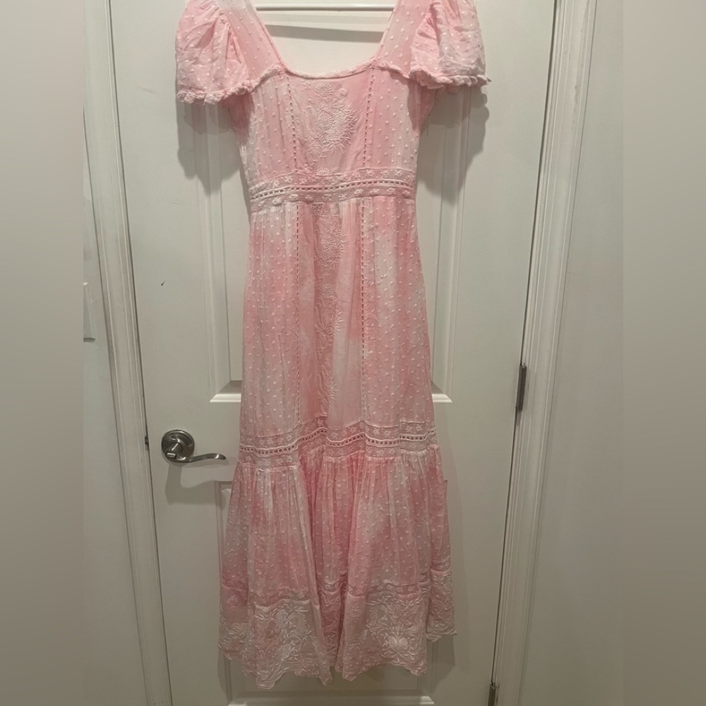 LoveShackFancy Pink Puff-Sleeve Tiered Maxi Dress